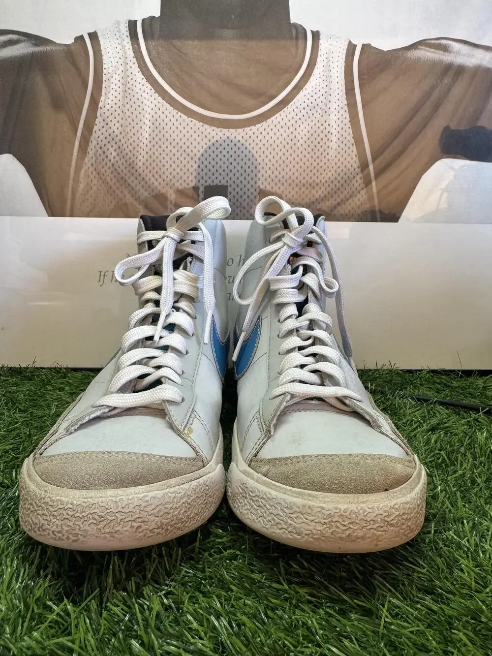 Nike Blazer Mid Shoes Youth 7Y White Blue High Top Leather Basketball Sneakers